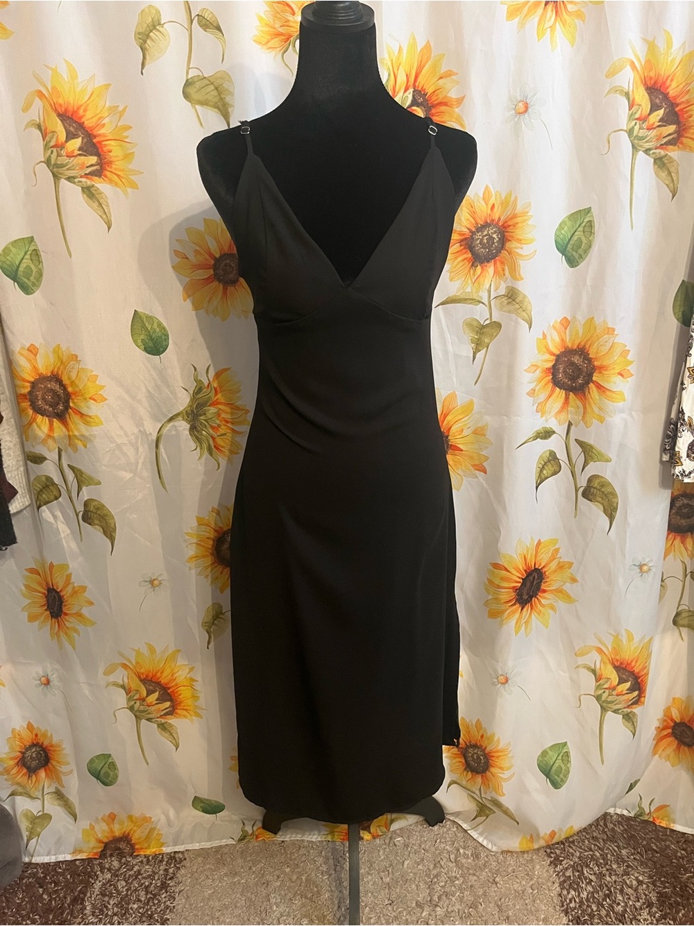 Women's Black Midi Slip Dress with V-Neck